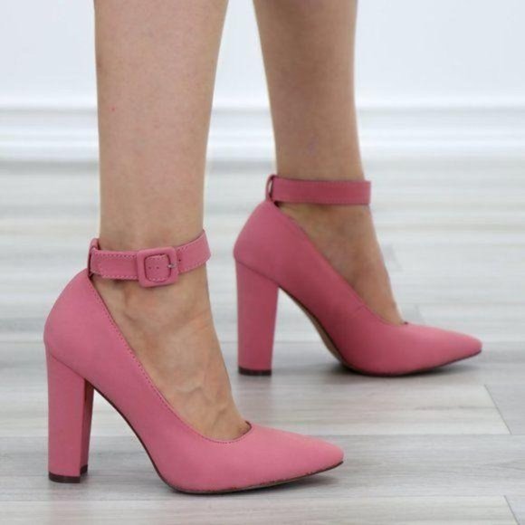 Pink Pointy Toe Ankle Brace Buckle Heels - Picture 4 of 9